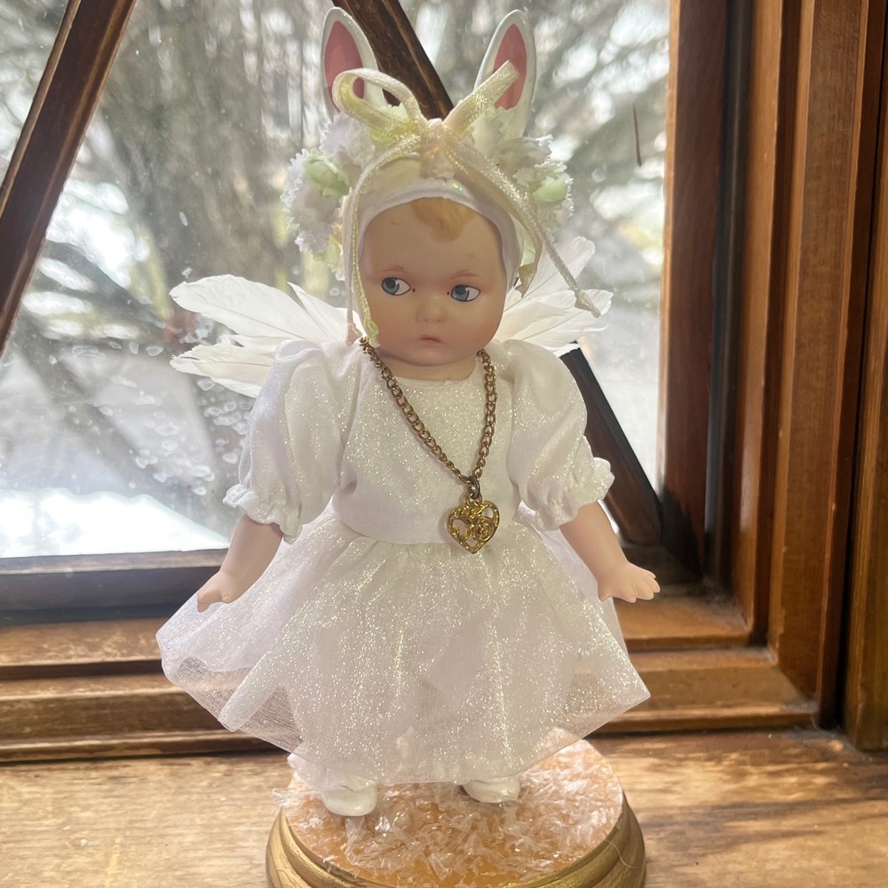 Vintage Style Porcelain Angel Bunny Doll White Glitter Dress Feather Wings Base